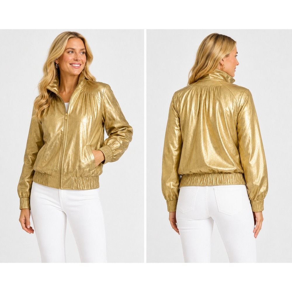 St. John Womens M Gold Shimmer Leather‎ Jacket Full Zip 80s Disco Vintage Glam